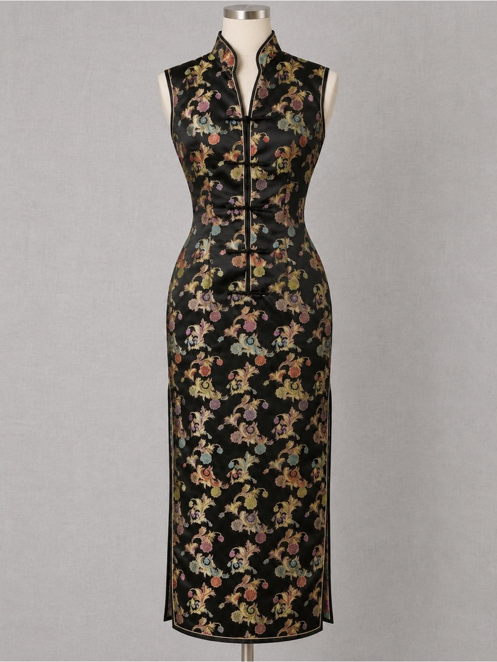 Sleeveless Black Floral Jacquard Midi Cheongsam Dress